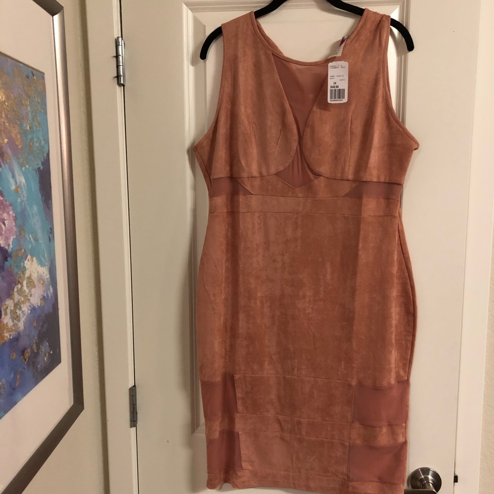 Plus faux suede dress with mesh detail